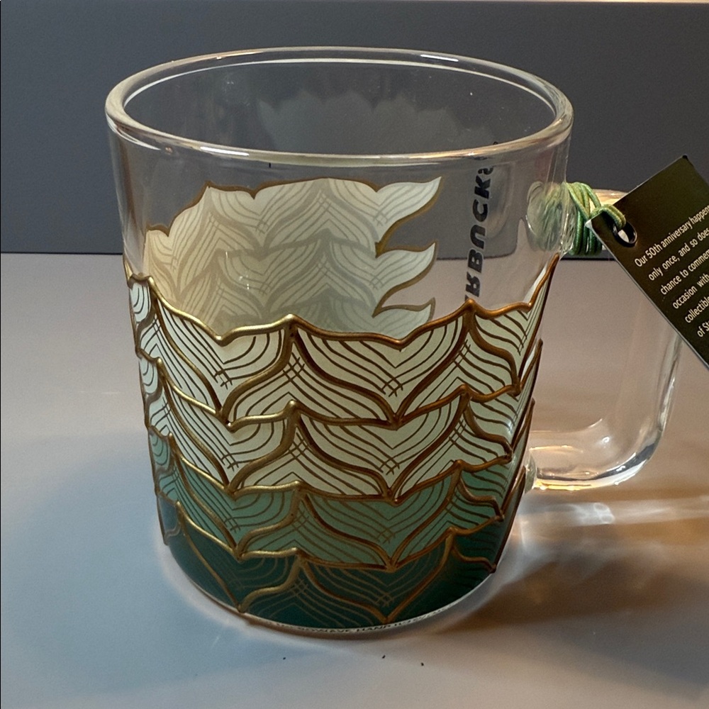 Starbucks 50th Anniversary Artistic Green & Gold Glass Mug, 2021 Limited Edition